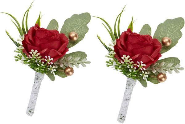 Handmade Artificial Ivory Rose Wrist Corsage & Boutonniere Set - 2-Piece Ivory Bridal Accessories