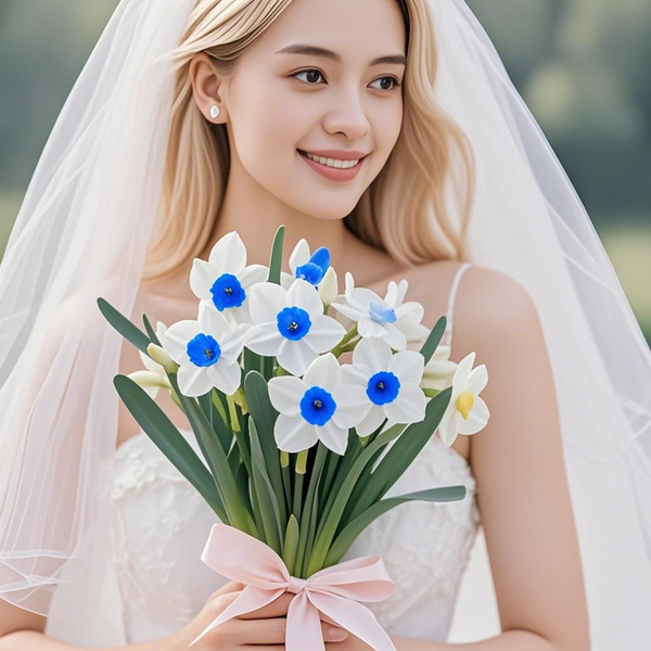 Elegant Blue Daffodil Bridesmaid Bouquet - 12'' Artificial Wedding Flowers | Partycitys